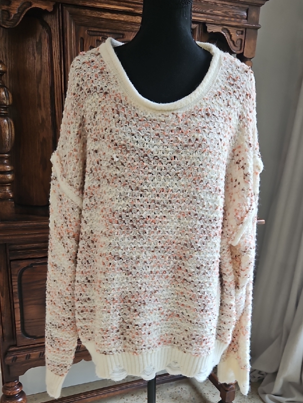Promesa Open-Knit Scoop Neck Sweater in Cream and Blush. Size L